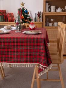 1pc Rural Style Poly- Christmas Red Plaid Tablecloth With Tassels For Coffee Table - Multicolor - View 3