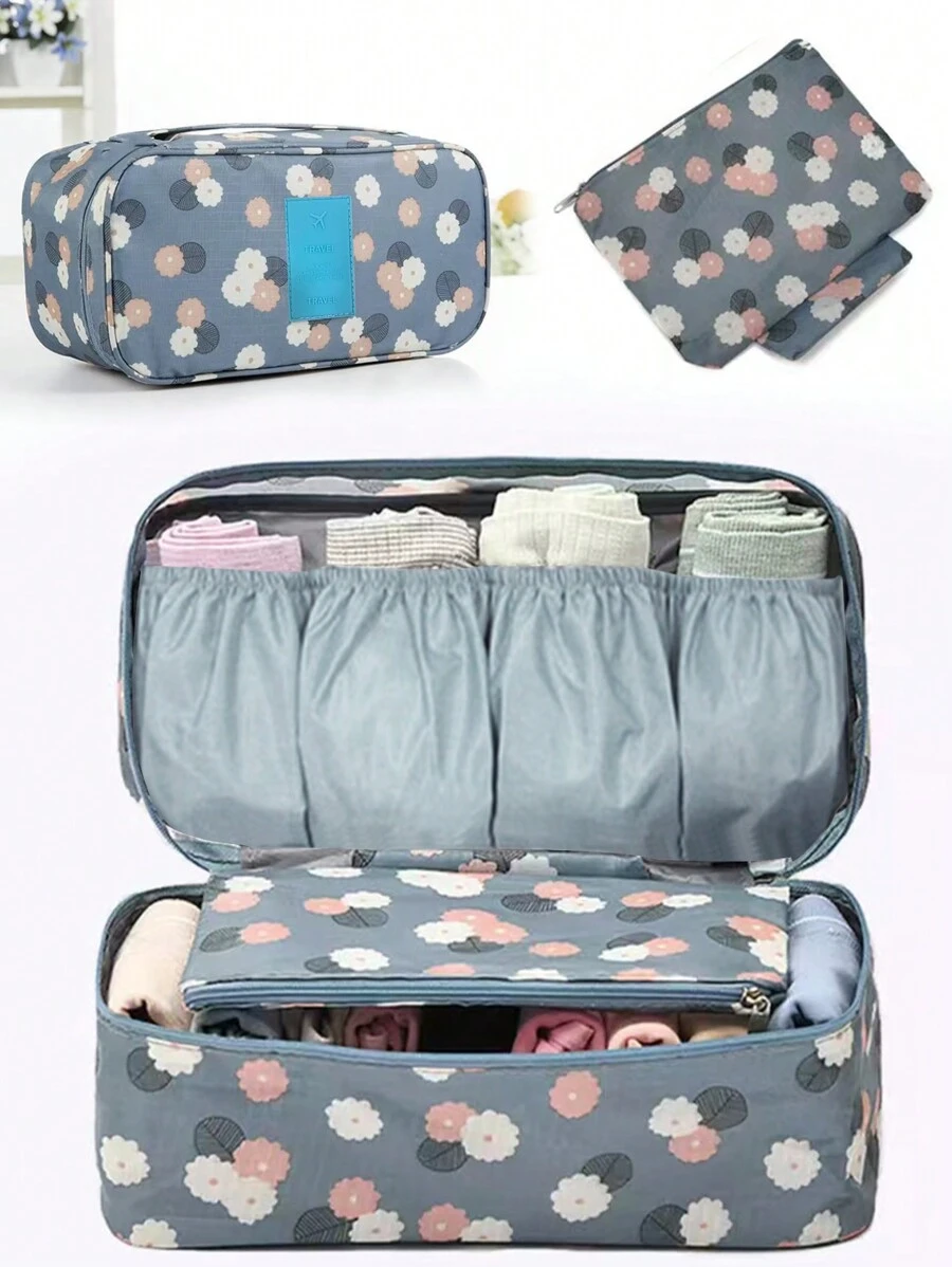 Flower Graphic Underwear Bag Grey Storage Bag - Navy Blue - View 1