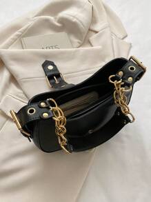 1 件純色 Pu 斜背包,便攜式金屬裝飾,時尚百搭,適合女士日常、旅行、約會或購物 - 黑色 - 查看 8