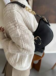 1 件純色 Pu 斜背包,便攜式金屬裝飾,時尚百搭,適合女士日常、旅行、約會或購物 - 黑色 - 查看 3