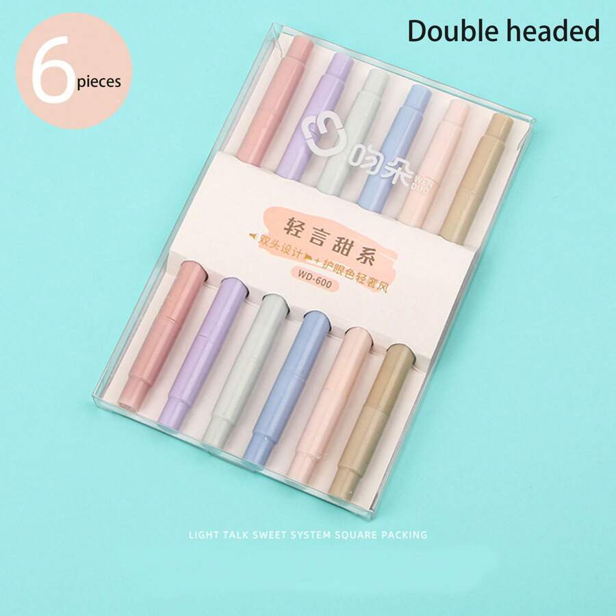 6pcs Double-ended Highlighter Pen For Journaling And Note Taking, Fluorescent Marker Pens - Pink - View 1