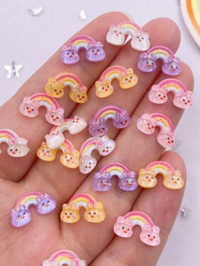 30PCS Mixed Resin Glitter Mini Kawaii Rabbit Rainbow Flat Back Rhinestone Appliques DIY Wedding Scrapbook Decor Jewelry Accessories Crafts Halloween Summer, School