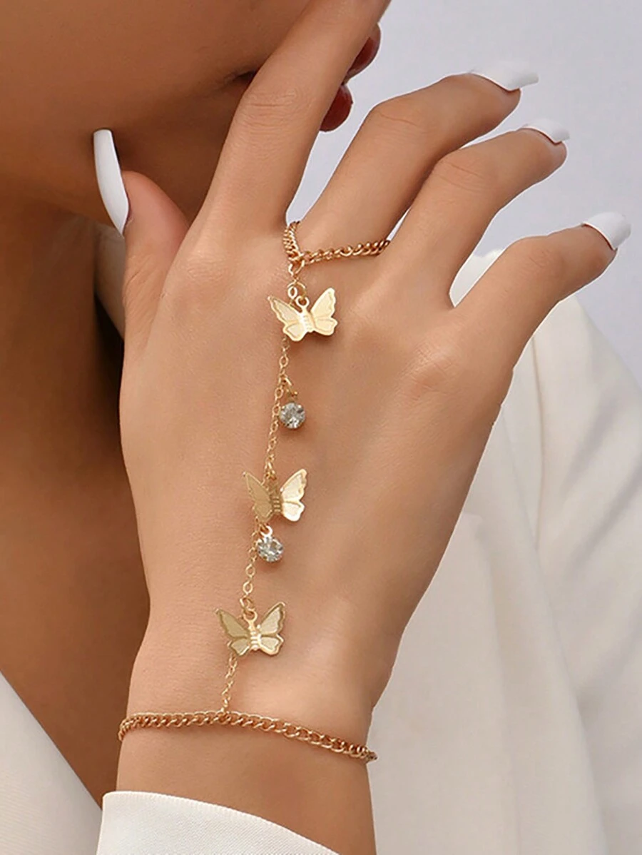 1 Pièce Enchaînée De Papillon Et De Zircone Cubique Bague En Chaîne