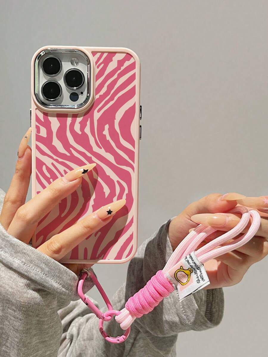1pc Pink Water Wave Snake Skin Pattern Electroplated Metal Edged Matte Phone Case + 1pc Nylon Lanyard Strap, Compatible With Apple Phones - Multicolor - View 1