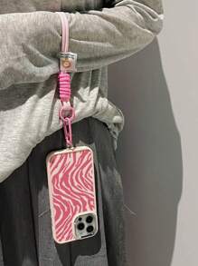 1pc Pink Water Wave Snake Skin Pattern Electroplated Metal Edged Matte Phone Case + 1pc Nylon Lanyard Strap, Compatible With Apple Phones - Multicolor - View 3