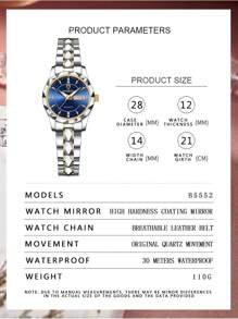 BINBOND Luxury Gold Quartz Watch Women's Fashion Women's Watch Waterproof Night Light Stainless Steel Business Leisure Business Date Display Women's Rhinestone Quartz Watch - Blue - View 3