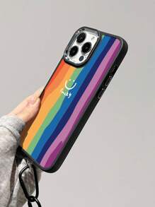 1pc Rainbow Stripe & Smiling Face Patterned Electroplated Metal Rim Frosted Phone Case + 1pc Nylon Lanyard Compatible With Iphone - Black - View 4