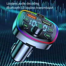 Transmissor de FM para Carro, Bluetooth 5.0, Dual USB, Carregador Tipo-C, Leitor MP3, Formato, Disco U, Cartão TF, Música Sem Perdas, Luz Atmosfera, 3.1A, Q7