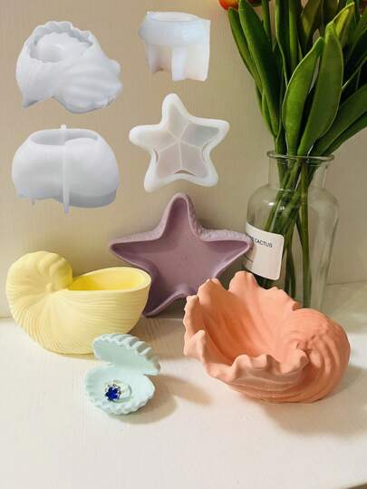Ocean Shell Starfish Flowerpot Cement Molds Home Decor Seashell Tray Gypsum Molds Seashell Candle Cup Concrete Molds Epoxy Resin Pen Holder Molds