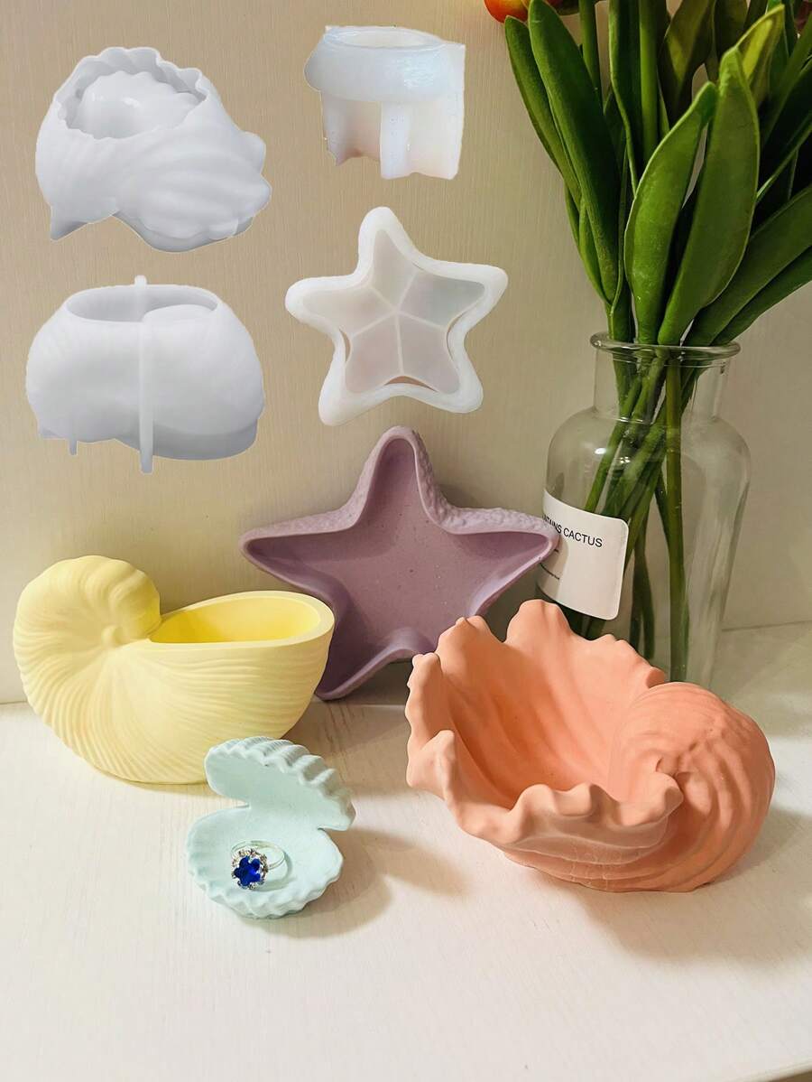 Ocean Shell Starfish Flowerpot Cement Molds Home Decor Seashell Tray Gypsum Molds Seashell Candle Cup Concrete Molds Epoxy Resin Pen Holder Molds - White - View 1