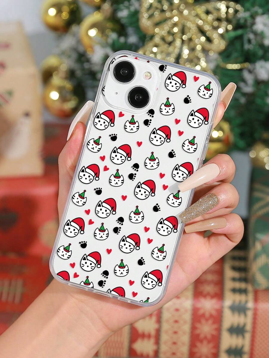 1pc Colorful Painted Christmas Smile Cat Printed Soft Phone Case Compatible With Iphone - Multicolor - View 1
