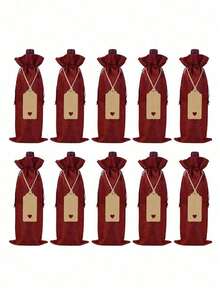 10入組酒袋,紅酒瓶套,禮物香檳袋,拉繩亞麻袋,酒瓶包裝袋,婚禮派對裝飾收納配件 - 紅色 - 查看 6