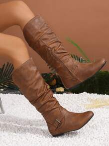Ladies' Buckle & Stud Embellished Design Creased Boots, Fashionable - Brown - View 2