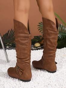 Ladies' Buckle & Stud Embellished Design Creased Boots, Fashionable - Brown - View 5