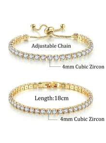2 Pièces Bracelet Rond Zircone Réglable tennis Pour Femme Fille Port Quotidien