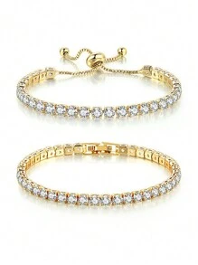 2 Pièces Bracelet Rond Zircone Réglable tennis Pour Femme Fille Port Quotidien