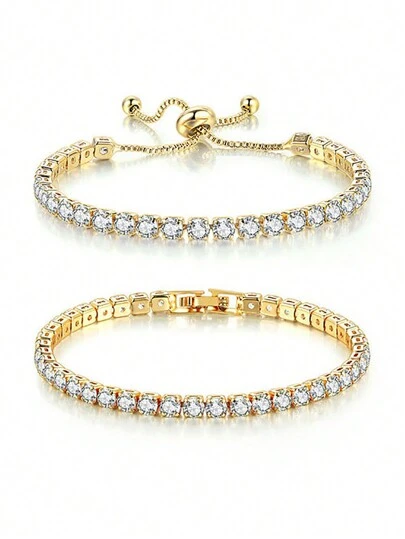 2pcs Adjustable Zirconia Tennis Bracelet, Suitable For Women And Girls Everyday Wear