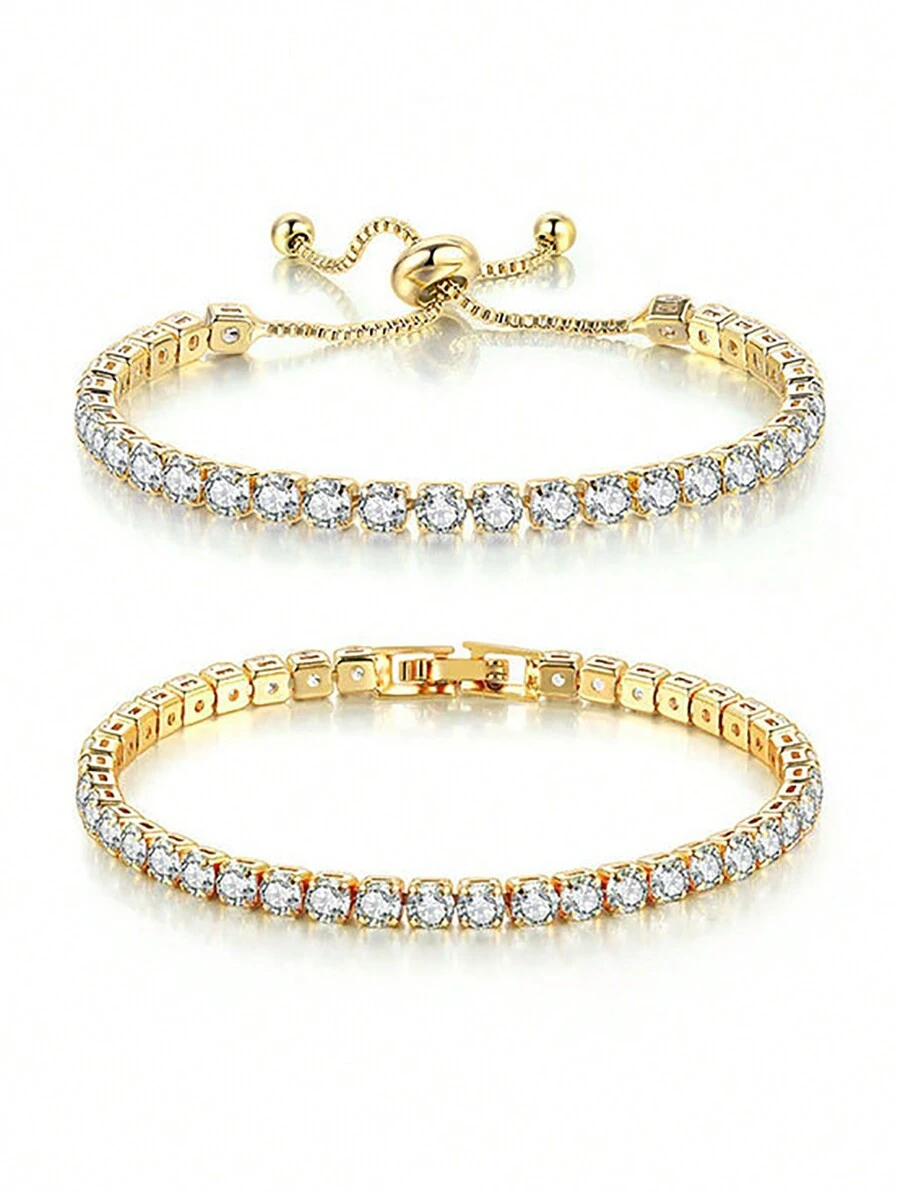 2 Pièces Bracelet Rond Zircone Réglable tennis Pour Femme Fille Port Quotidien