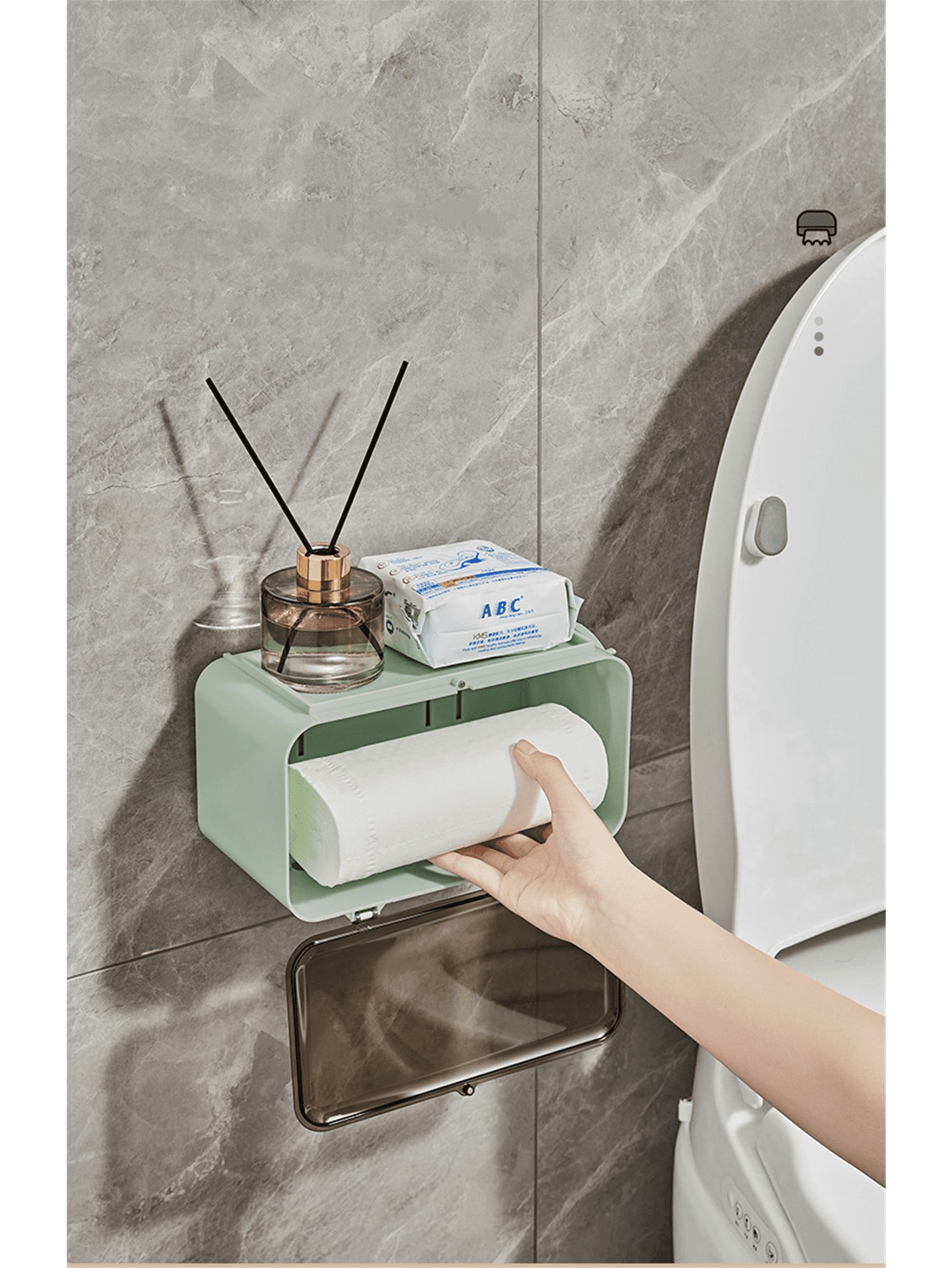 One Green Wall Mounted Tissue Box Holder For Bathroom, No Drilling