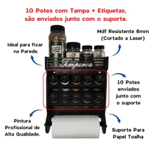 Porta Tempero de Parede 10 Potes com Local Para Colocar Potes de Sal e Cartela de Etiquetas - Preto - Visão 3