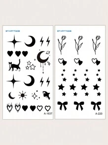STARTTOOS 2 件装黑色爱心、新月、蝴蝶结、星形临时纹身贴纸，适用于手指、耳朵、身体小部位