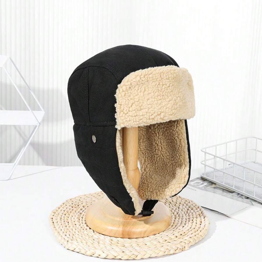 時尚男女獵人帽俄羅斯ushanka保暖冬季毛皮耳瓣滑雪帽雪帽耳瓣遮陽帽 - 黑色 - 查看 1