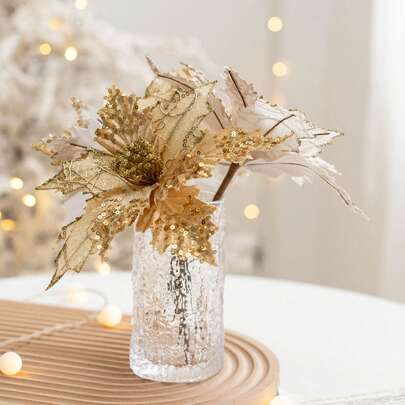 1 Stück Champagner Gold Künstliche Weihnachtsblume Mit Glitzerndem Samtstoff Und Einer Länge Von 20 Cm Zur Dekoration Des Weihnachtsbaums