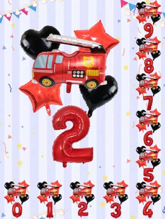 6pcs/Pack Fire Truck Themed 32-Inch Red Number Aluminum Foil Balloons, Christmas