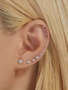 女士7雙扁平背部耳釘,14k電鍍微型耳釘,立體氧化鋯蒼石軟骨耳環(2/3/4/5/6/7/8mm) - 金色 - 查看 2