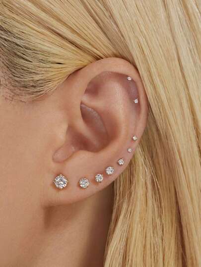 7 Pairs Flat Back Stud Earrings for Women, 14K  Plated Tiny Stud Earrings, Cubic Zirconia Cartilage Earring(2/3/4/5/6/7/8mm)