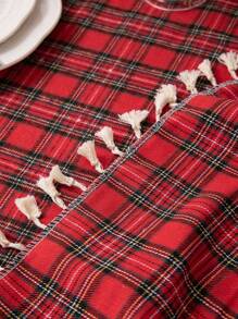 1pc Rural Style Poly- Christmas Red Plaid Tablecloth With Tassels For Coffee Table - Multicolor - View 7