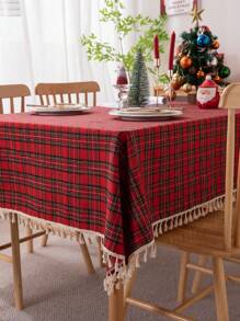 1pc Rural Style Poly- Christmas Red Plaid Tablecloth With Tassels For Coffee Table - Multicolor - View 4