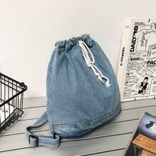 1 pieza con diseño de cordón, mochila deportiva simple de mezclilla, mochila informal, bolso escolar para ir al trabajo, mochilas ligeras para llevar para hombres, estudiantes universitarios, bolso minimalista de negocios - Celeste - Ver 3