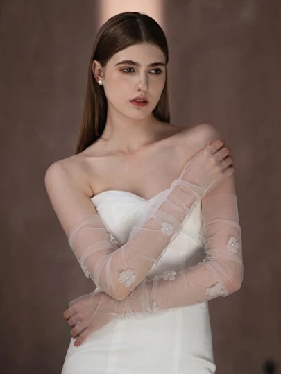 1 双女士优雅仿珍珠花朵装饰露指薄纱长款新娘手套，完美适用于婚礼、晚宴或正式场合，秋季配饰，情人节配饰