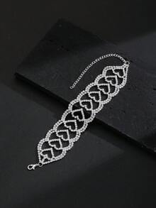 1pc Bohemian Style Hollow Out Heart Design Ladies' Copper Bracelet With Shiny Crystal And Tassel Decoration For Wedding, Banquet And Party - Silver - View 2