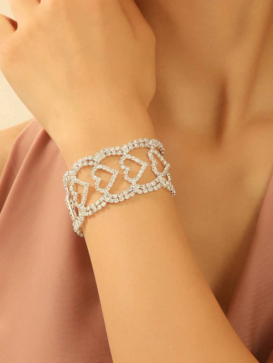 1pc Bohemian Style Hollow Out Heart Design Ladies' Copper Bracelet With Shiny Crystal And Tassel Decoration For Wedding, Banquet And Party - Silver - View 1