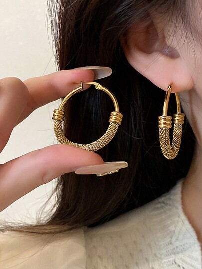 1pair Vintage Stainless Steel Round Hoop Earrings For Women With Geometric Metal Pendant, Fashion Jewelry Gift