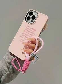 Pink 1pc Slogan Pattern Frosted Effect Phone Case With Electroplated Metal Frame & 1 Nylon Neck Lanyard Compatible With Iphone - Multicolor - View 2