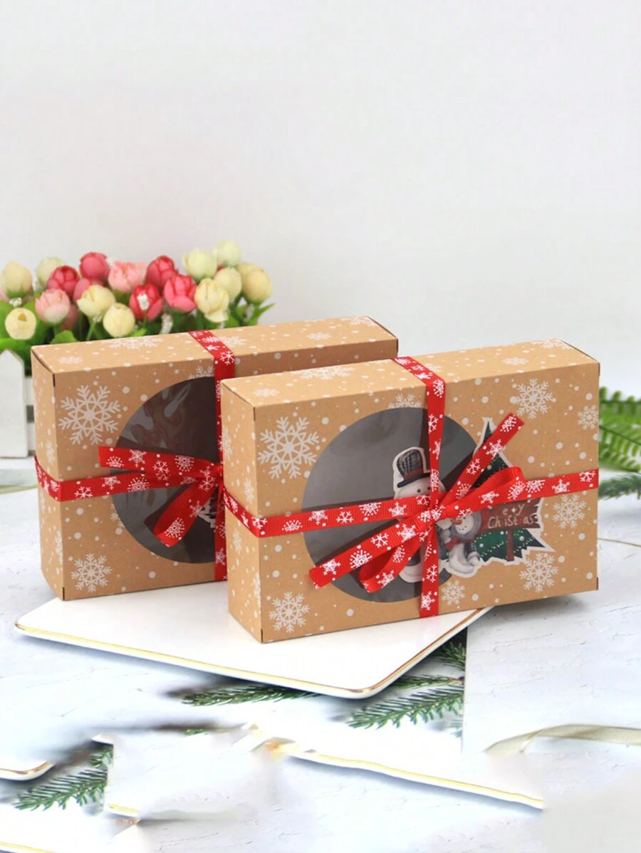 12入組聖誕禮品盒派對禮物袋，帶窗口，卡通聖誕老人和雪人設計，適用於蘋果糖果餅乾，聖誕節Eve PVC袋和空心紙袋