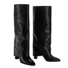 Modatope Knee High Boots Women Chunky High Heels Zipper Pointed Toe Long Boots - màu đen - Xem 5