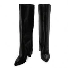 Modatope Knee High Boots Women Chunky High Heels Zipper Pointed Toe Long Boots - màu đen - Xem 2