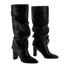 Modatope Knee High Boots Women Chunky High Heels Zipper Pointed Toe Long Boots - màu đen - Xem 4