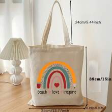 卡通老师字母图案帆布包，便携式单肩包，多功能轻便购物袋，休闲便携式单肩包，轻便购物袋，大容量单肩包，多功能可重复使用购物袋，便携多功能购物袋，实用且功能更强大的工作手提包多功能购物袋，演唱会必备品，音乐情侣礼物，生日礼物，母亲节，父亲节，朋友礼物，老师礼物，家庭礼物，情侣礼物，生日礼物 - 米色 - 查看 3