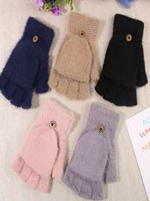 One Pair Unisex Solid Color Thickened Faux Cashmere Warm Gloves For Autumn/winter, Suitable For Outdoor Activities And Office Work - Pink - View 2