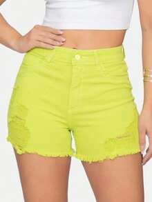 Women Denim Shorts - 青檸色 - 查看 1