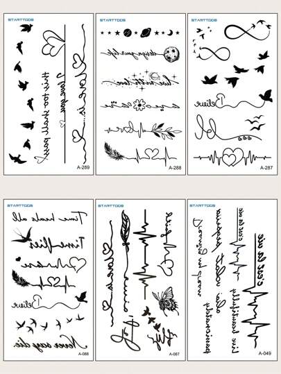 STARTTOOS 6 件小号黑色心跳、爱心、羽毛和小鸟图案临时纹身贴纸，适用于手腕、身体
