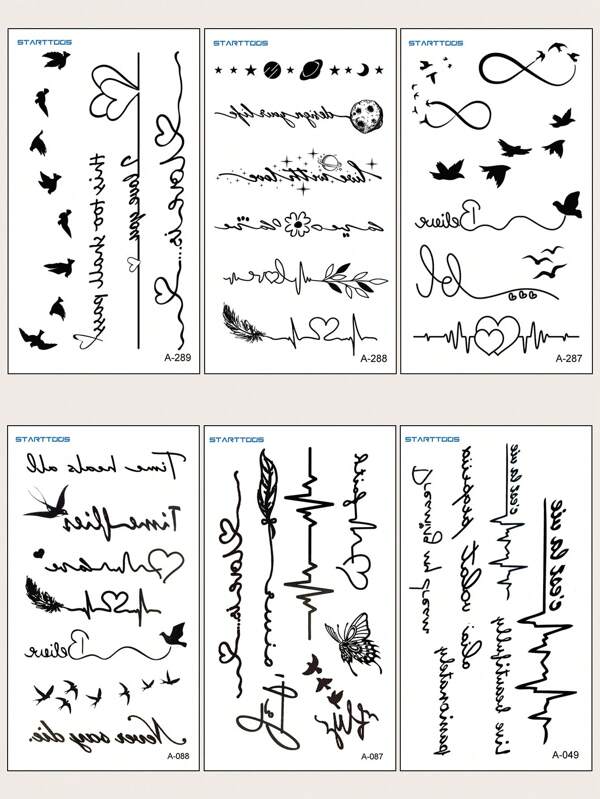 STARTTOOS 6pcs Small Black Heartbeat, Love, Feather & Bird Pattern Temporary Tattoo Stickers For Wrist, Body