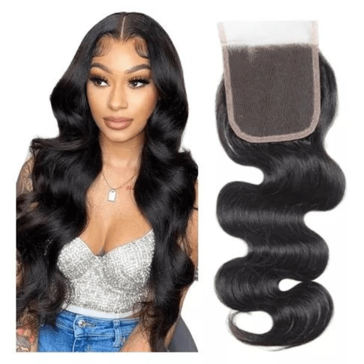 Top Closure Aplique Topo Cabeça Cabelo Humano Ondulado 4x4 Repartição Livre - Preto - Visão 1