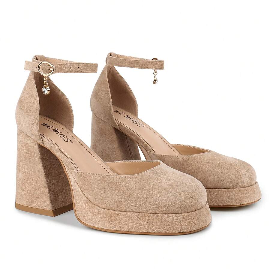 ISNOM Platform Chunky Heels For Women Ankle Strap Pumps - 杏色 - 查看 1