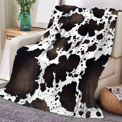 1pc Cowhide Pattern Printed Blanket, Modern Style Polyester Flannel Square Throw Blanket Suitable For Living Room And Bedroom